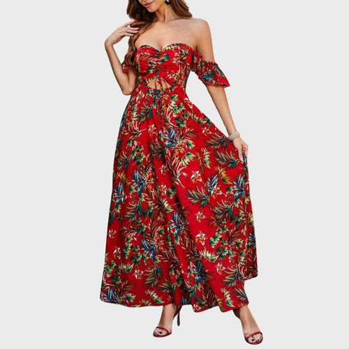 Den tropiska drömmen: Off-shoulder maxiklänning med blommönster och utskärning