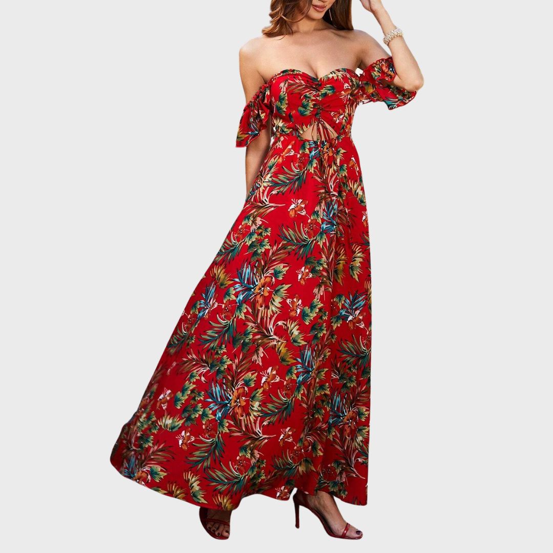 Den tropiska drömmen: Off-shoulder maxiklänning med blommönster och utskärning