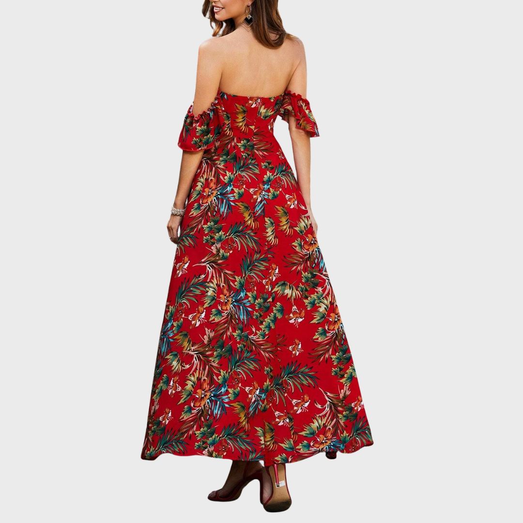Den tropiska drömmen: Off-shoulder maxiklänning med blommönster och utskärning