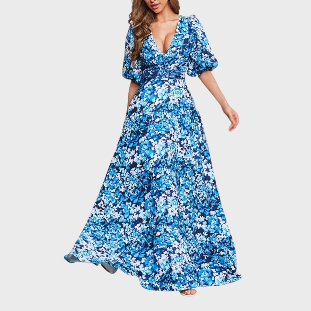 Ocean Breeze: Kungsblå blommig maxiklänning med matchande bälte