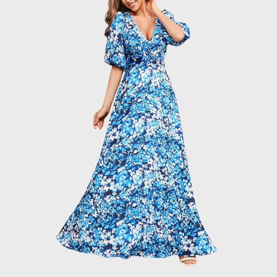 Ocean Breeze: Kungsblå blommig maxiklänning med matchande bälte