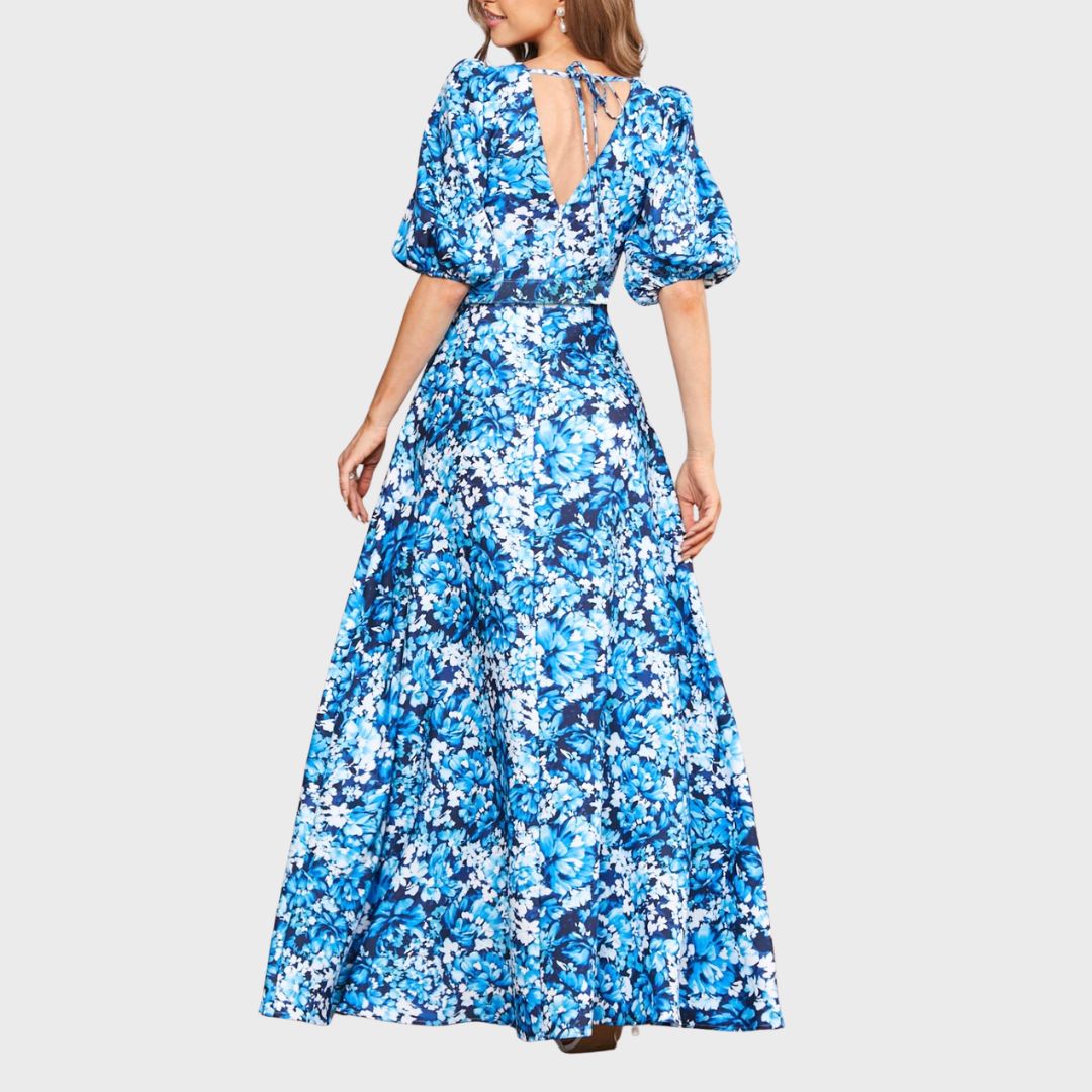 Ocean Breeze: Kungsblå blommig maxiklänning med matchande bälte