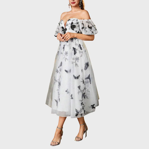 Magia: Off-shoulder midiklänning med fjärilsmönster