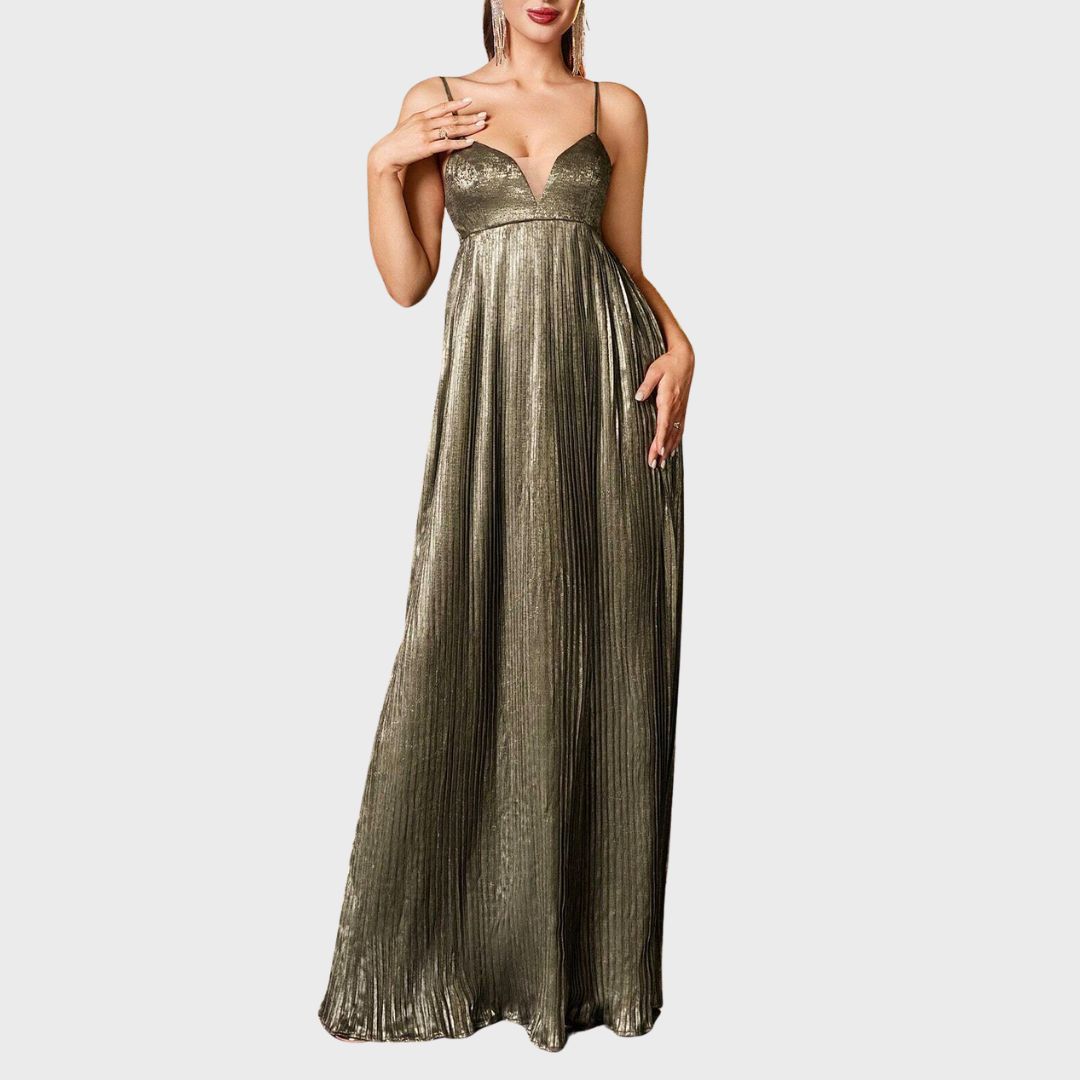 Gilded Goddess: Guldskimrande aftonklänning med smala axelband